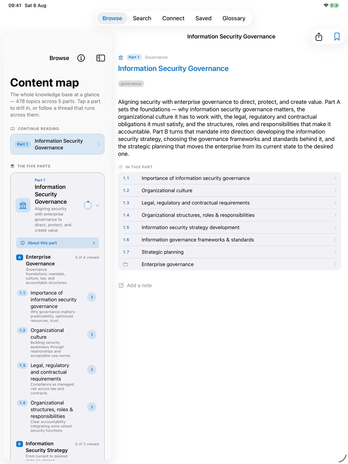 iPad split view. The content map lists the five parts on the left; on the right, the Information Security Governance part is open with its numbered sub-topics.