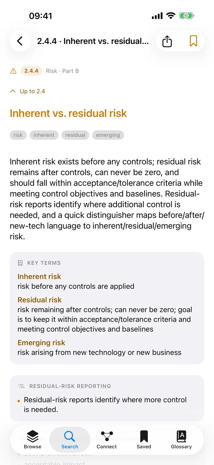 iPhone topic card for inherent versus residual risk, showing the summary, a key-terms block and a residual-risk reporting note.