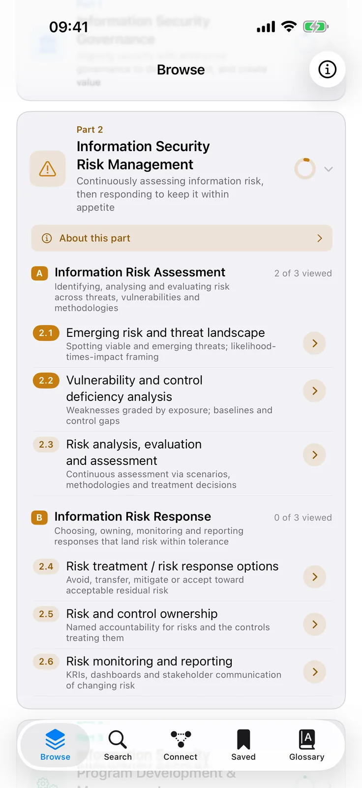 iPhone Browse map. The risk management part is expanded into its sections, each with a one-line description and a count of how many topics have been read.