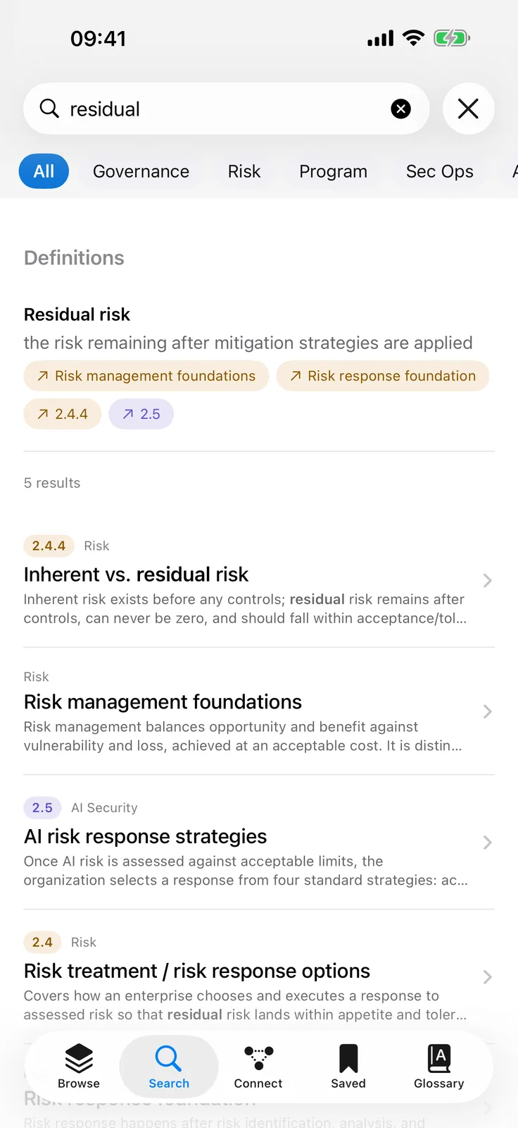 iPhone Search. A query returns a definitions block first, then the matching topic cards with the search term highlighted in each summary.